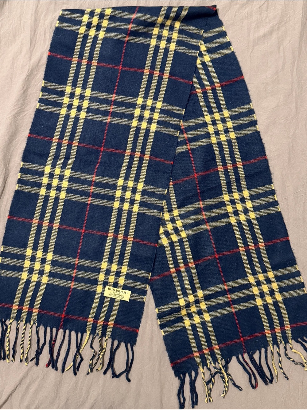 Burberry Navy Plaid Scarf with Yellow and Red Stripes